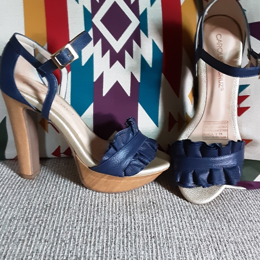 Carolina Cruz Blue Faux Wood Heel Sandals